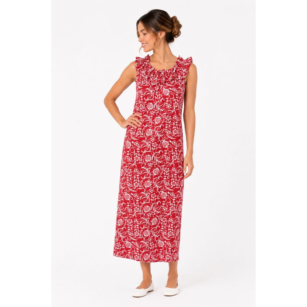 LOFT Red & White Floral Sleeveless Mumu Summer Dress With Ruffled Neckline XXSP